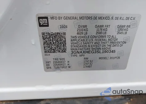 2025 Chevrolet Equinox Fwd Lt z USA, uszkodzony, nr VIN 3GNAXHEG3SL190345